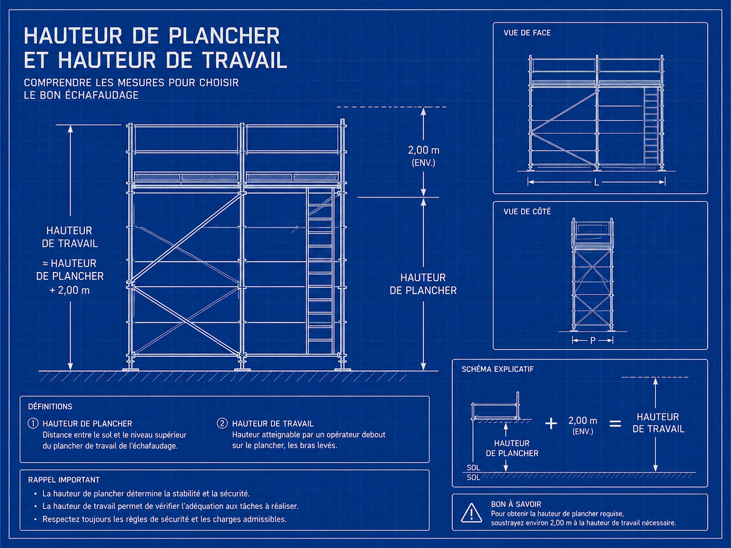 Diagramme explicatif des hauteurs d'échafaudage Quelle est la différence entre hauteur de plancher et hauteur travail